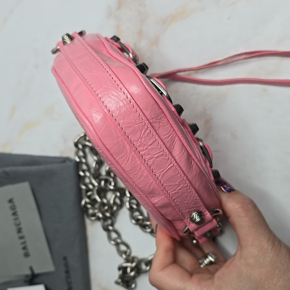 BALENCIAGA Le Cagole Heart Mini Studded Crinkled-leather pink Valentine'… - Picture 7 of 17
